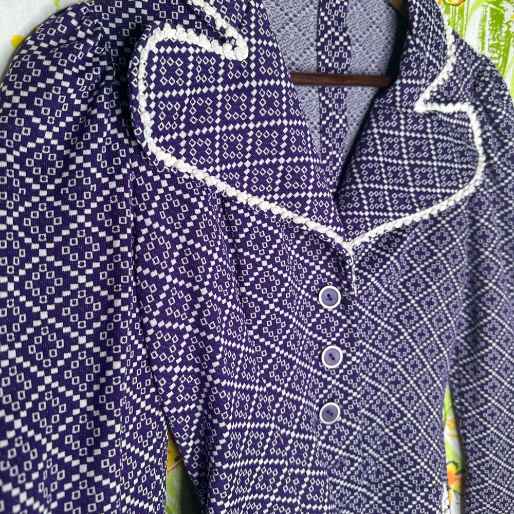Handmade Vintage Purple Geometric Knit Blazer Crochet Trim Puff Shoulder Retro